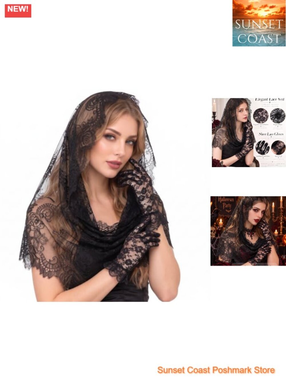 Women's Lace Mantilla Veil & Gloves Set Gothic Halloween Costume Accessory